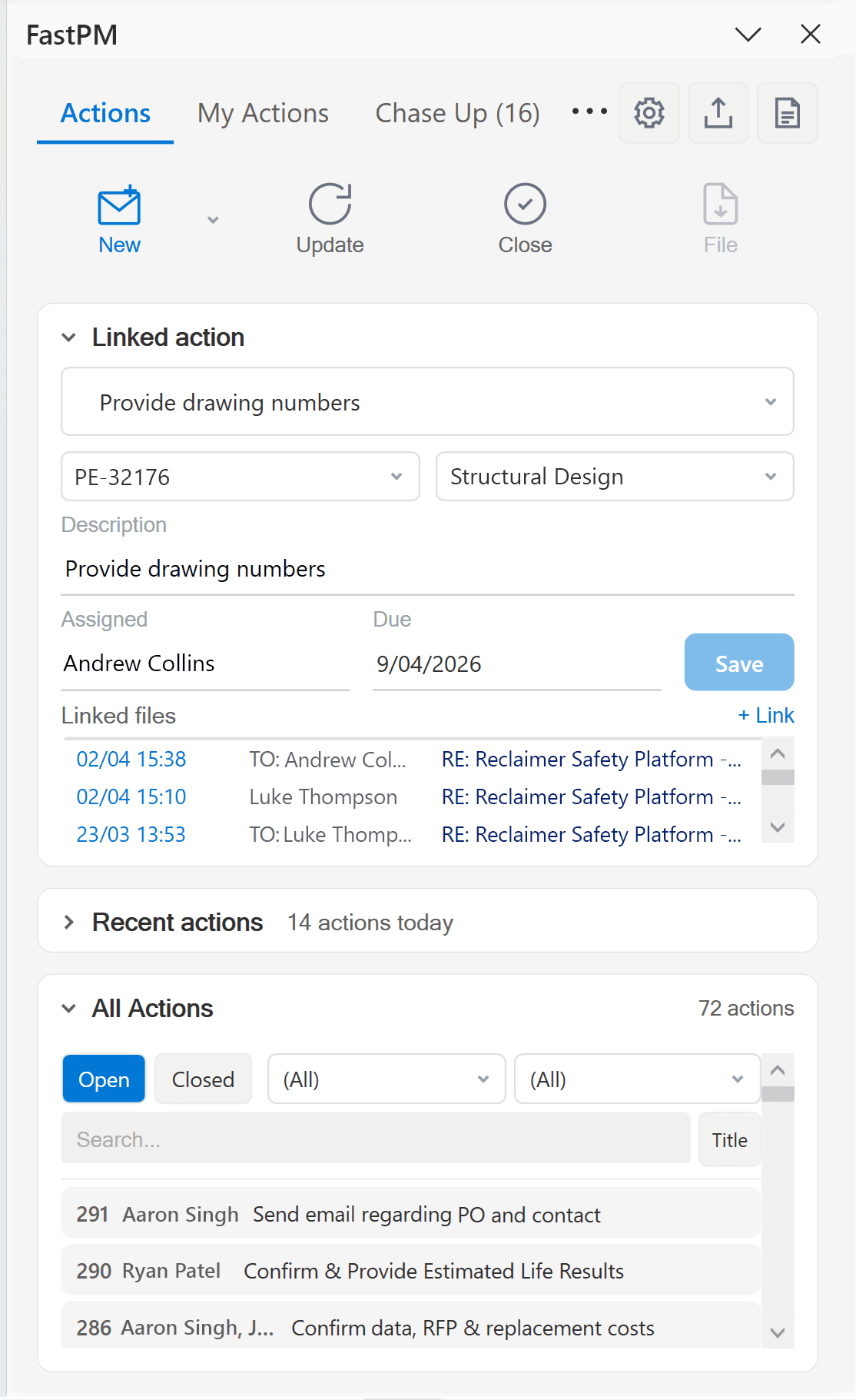 FastPM Actions tab showing project action items